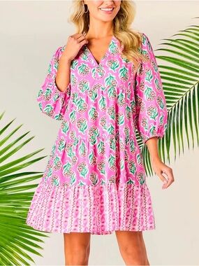 Mud Pie Pink Floral Medallion Pace Poplin Cotton Tunic Dress Size Small